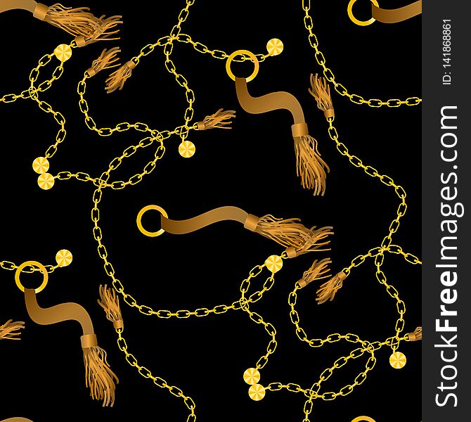 Seamless pattern with golden chains and ropes, braid, straps, golden rings and crosses leaves. Background for fabric design
