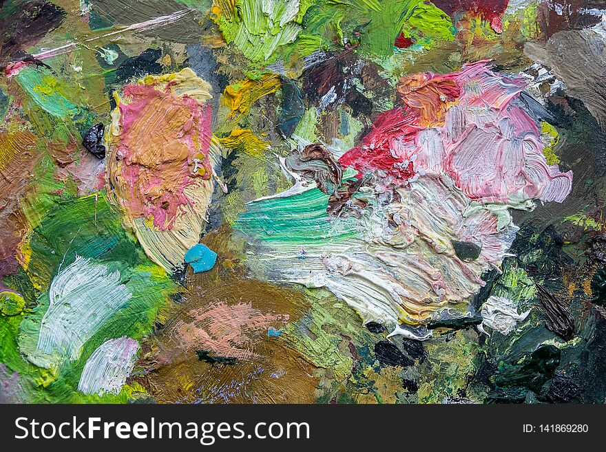 Macro Close Up Of Different Color Oil Paint. Colorful Acrylic. Modern Art Concept. Art Palette Background