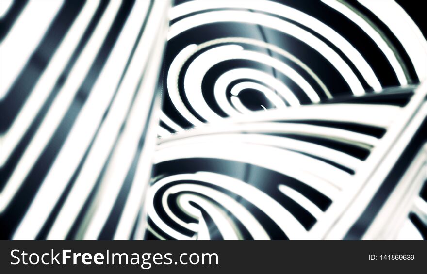 Abstract rotating glowing, black and white lines, fast motion background, seamless loop. Twisted, monochrome stripes moving endlessly and spinning