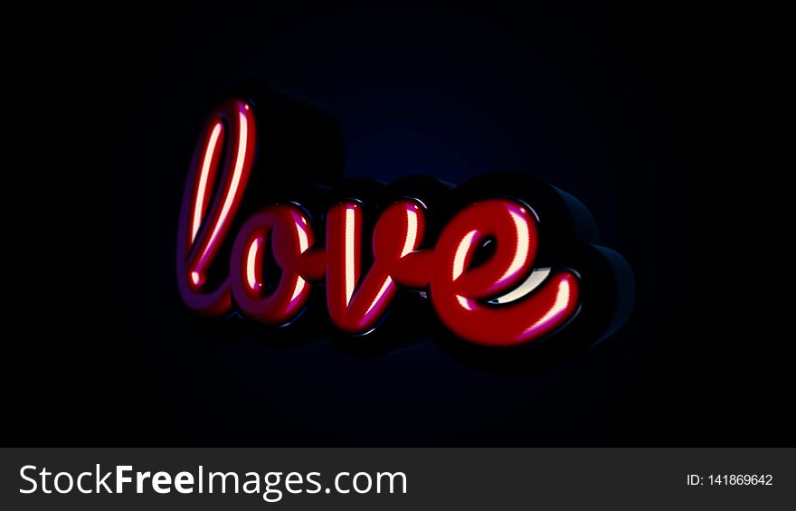 The word love is in small, red letters moving slowly on dark blue background. Volumetric letters and the inscription