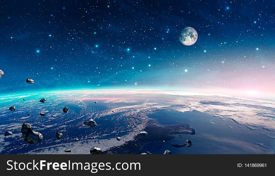 Space scene. Colorful nebula with earth planet, moon and asteroids. Elements furnished by NASA. 3D rendering