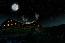 Old Mountain Style House In A Starry Night Sky With Full Moon And Copy Space For Your Text Stock Photo