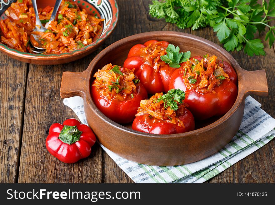 Sweet pepper stuffed with vegetables. Tomato shaped pepper ratunda gogoshar