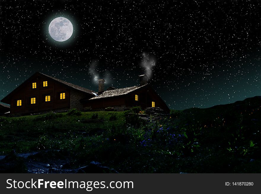 Old mountain style house in a starry night sky with full moon and copy space for your text