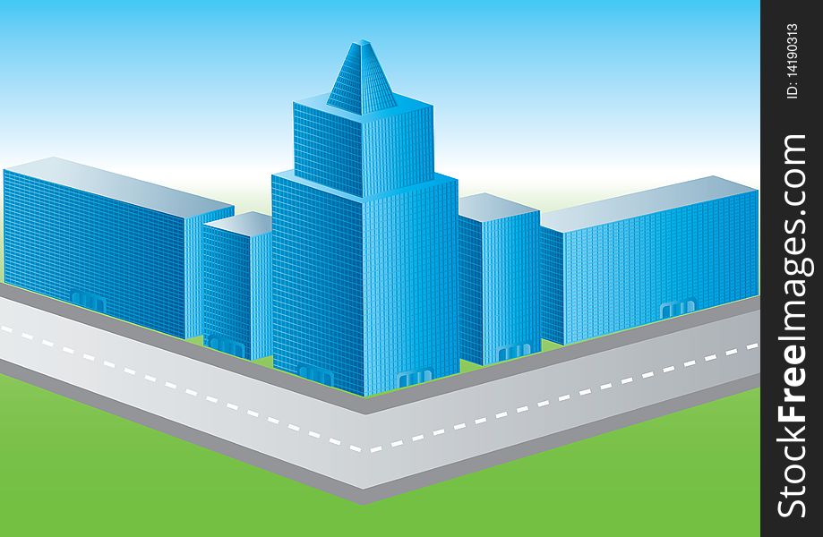 City in cartoon style with skyscrapers and road over green land and blue sky