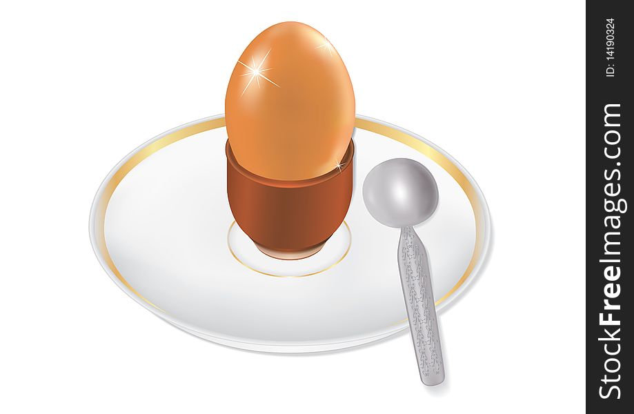 Egg in a glass on a plate with a spoon isolated over white. Egg in a glass on a plate with a spoon isolated over white