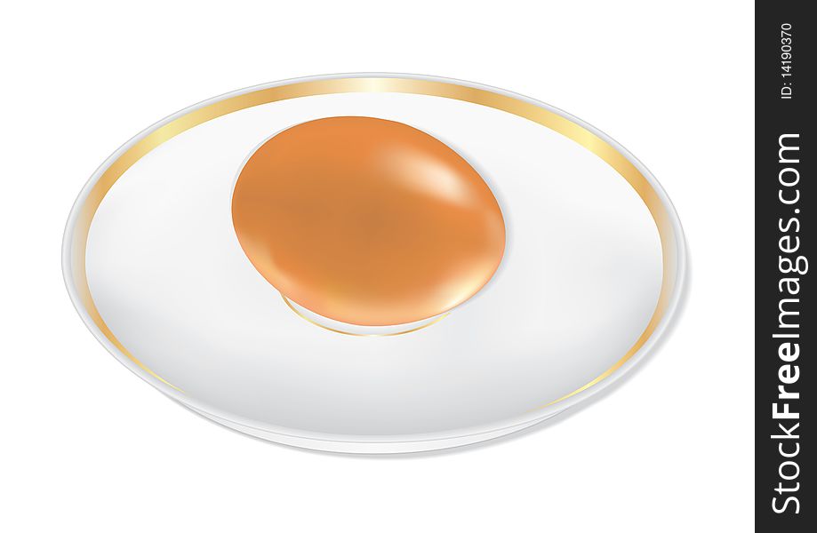 Photorealistic egg on a plate with golden border isolated over white. Photorealistic egg on a plate with golden border isolated over white