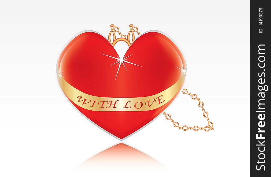 Heart medallion with gold chain and with love text isolated over white