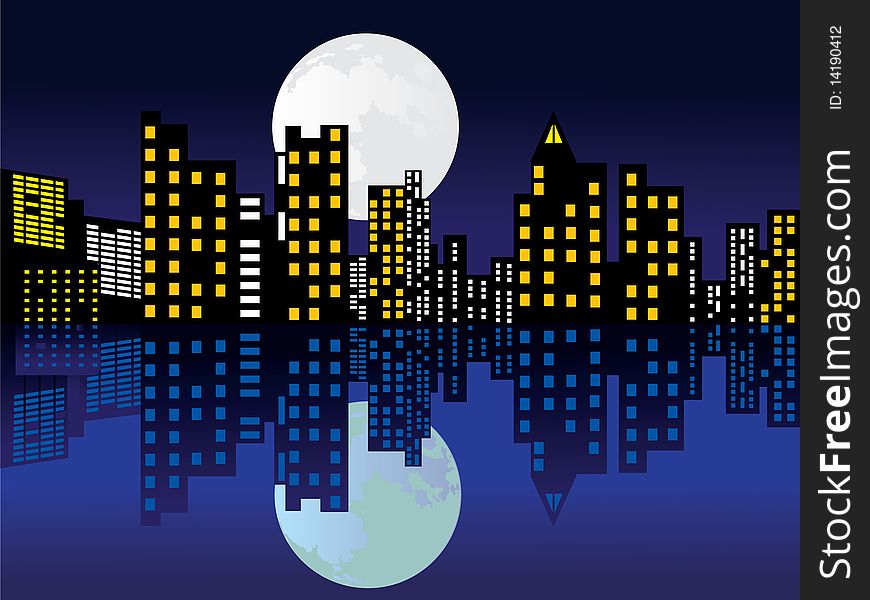 Vector illustration of a cityscape at nighttime. Vector illustration of a cityscape at nighttime