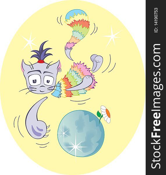 Cute cat who fly in sky and play with planets. Cute cat who fly in sky and play with planets.