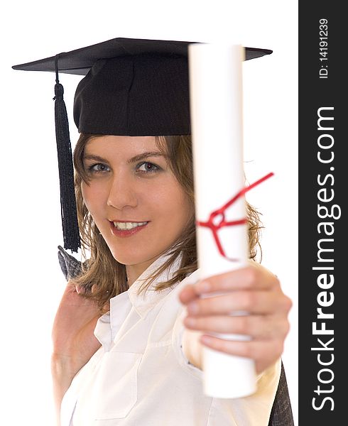 Young woman with graduation diploma and graduation hat isolated on white. Young woman with graduation diploma and graduation hat isolated on white