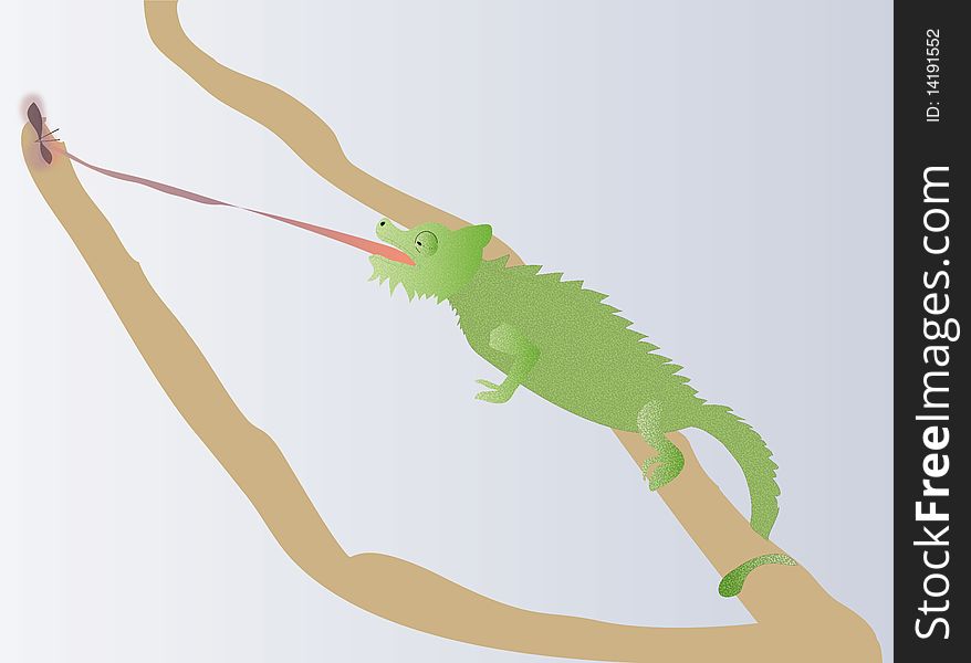 Illustration of a chameleon catching an insect on a pale blue background.