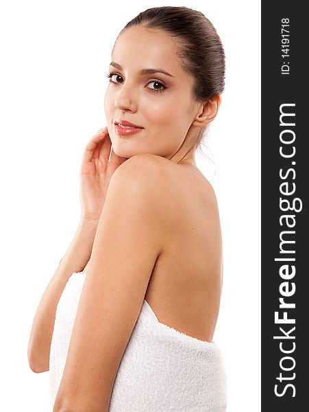 Young beautiful woman with clean white towel. Young beautiful woman with clean white towel