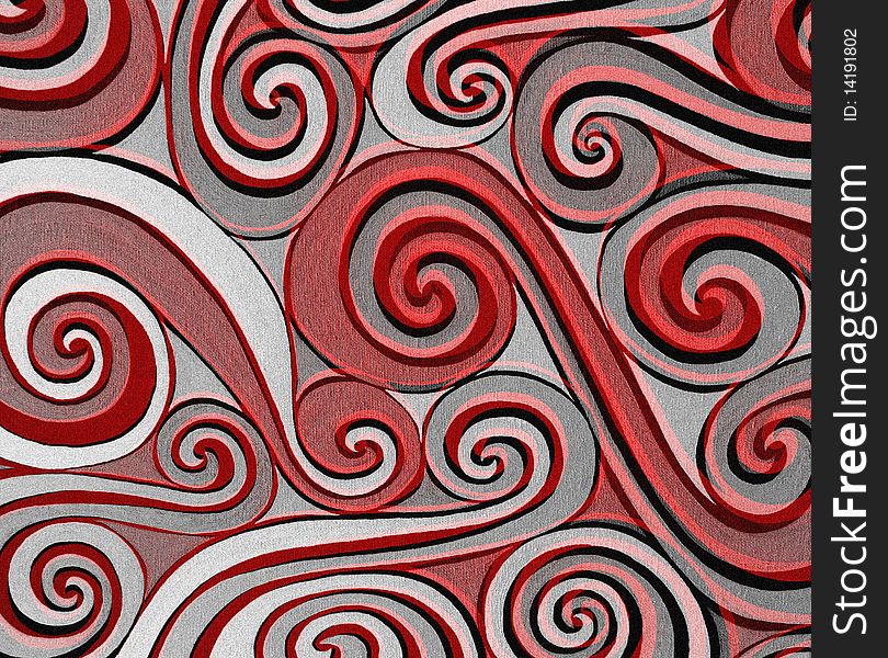 Painted with red, black and gray spirals. Painted with red, black and gray spirals