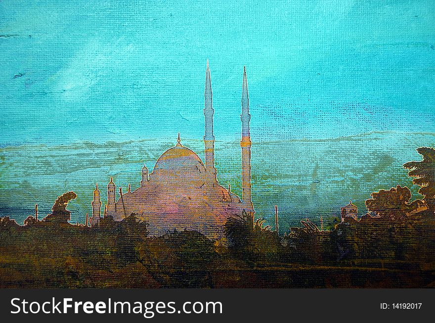 Oil painting of Mohammed Ali Mosque Cairo quarter Egypt