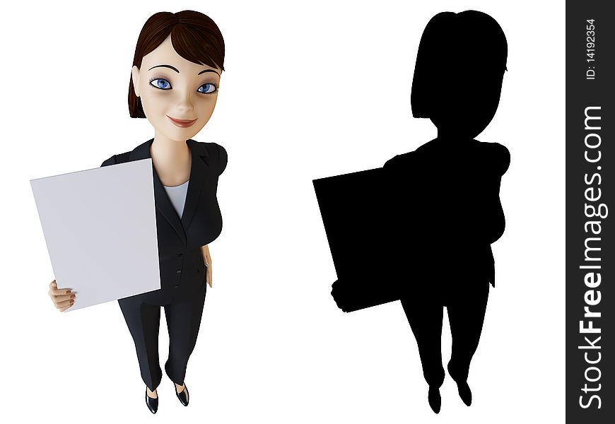 Businesswoman and panel on a white background with alpha mask. Businesswoman and panel on a white background with alpha mask