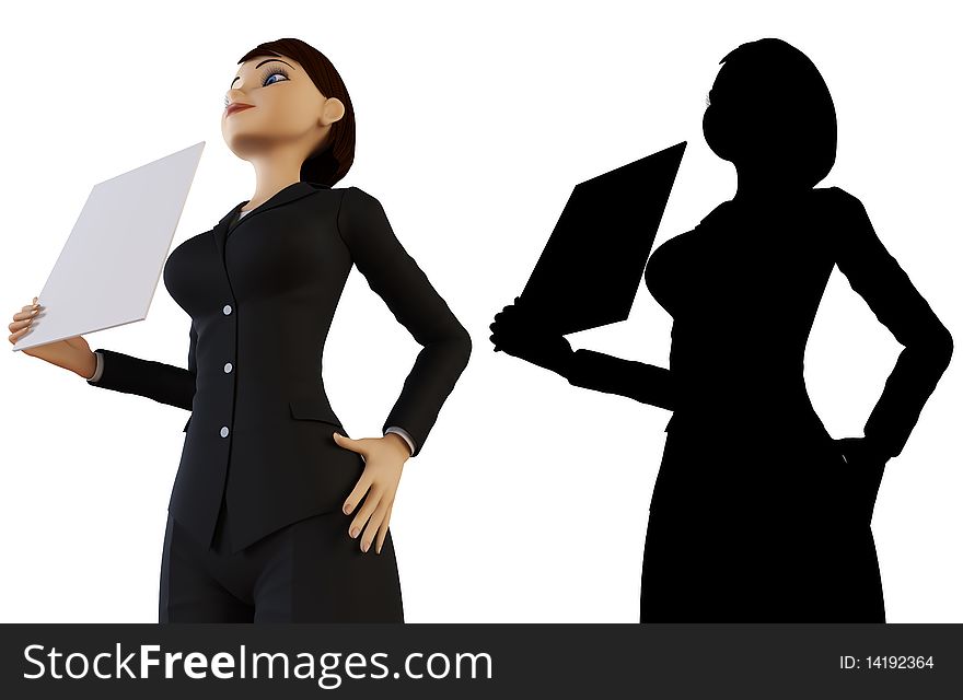 Businesswoman and panel on a white background with alpha mask. Businesswoman and panel on a white background with alpha mask