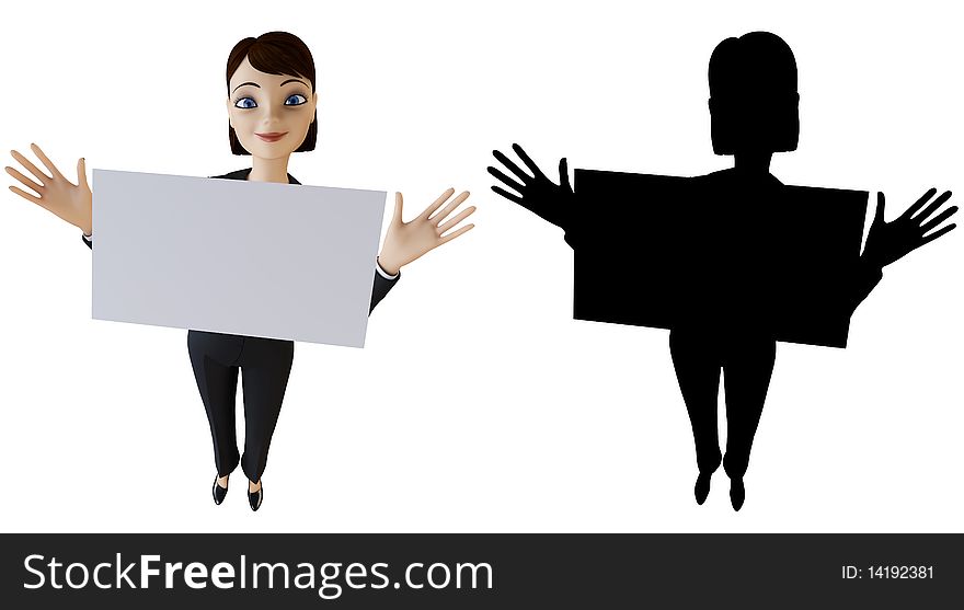 Businesswoman and panel on a white background with alpha mask. Businesswoman and panel on a white background with alpha mask