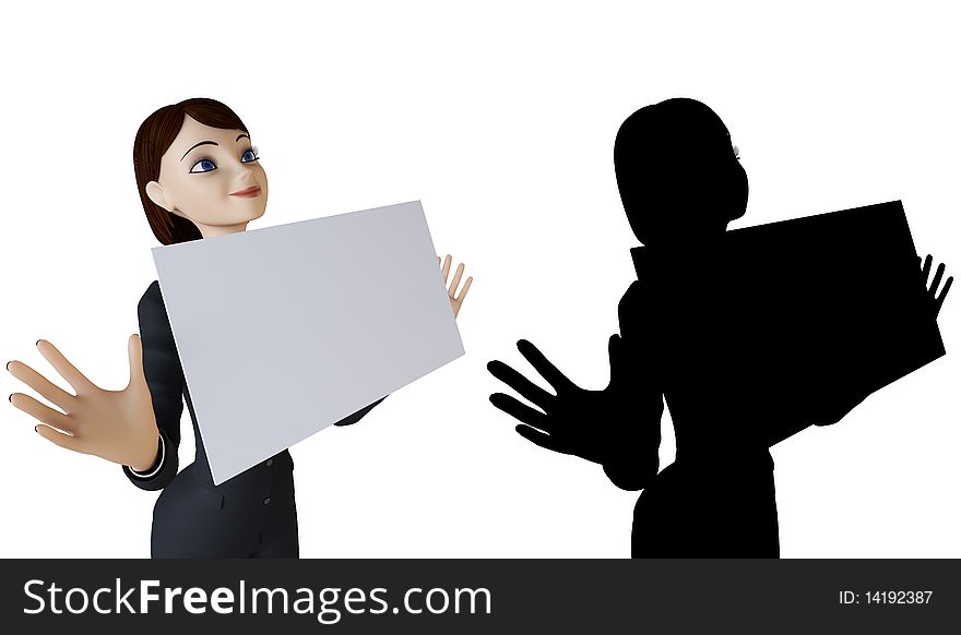 Businesswoman and panel on a white background with alpha mask. Businesswoman and panel on a white background with alpha mask