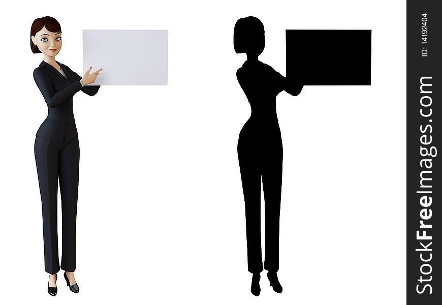 Businesswoman and panel on a white background with alpha mask. Businesswoman and panel on a white background with alpha mask