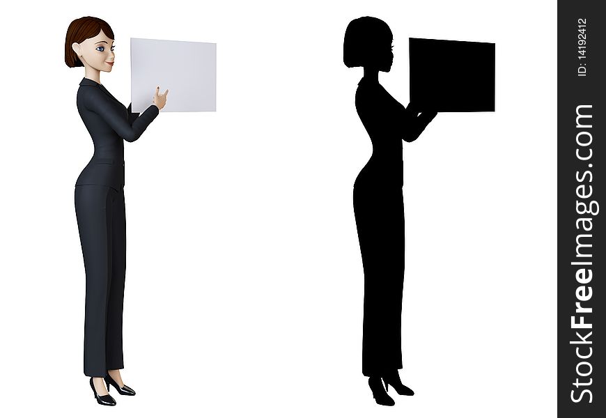 Businesswoman and panel on a white background with alpha mask. Businesswoman and panel on a white background with alpha mask