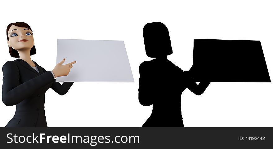 Businesswoman and panel on a white background with alpha mask. Businesswoman and panel on a white background with alpha mask