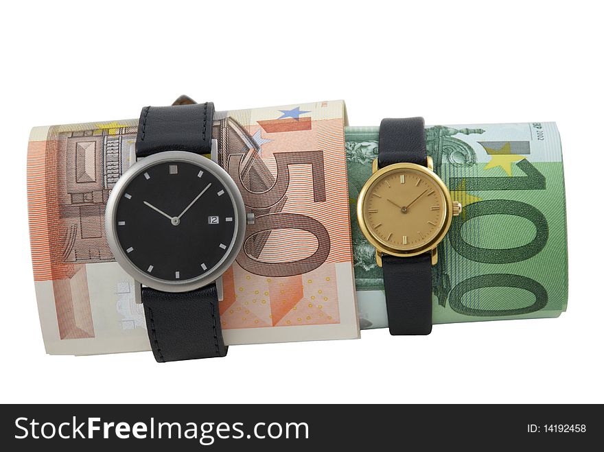 Time is money concept photo: two watches with fifty and one hundred euro bills, isolated over white. Time is money concept photo: two watches with fifty and one hundred euro bills, isolated over white