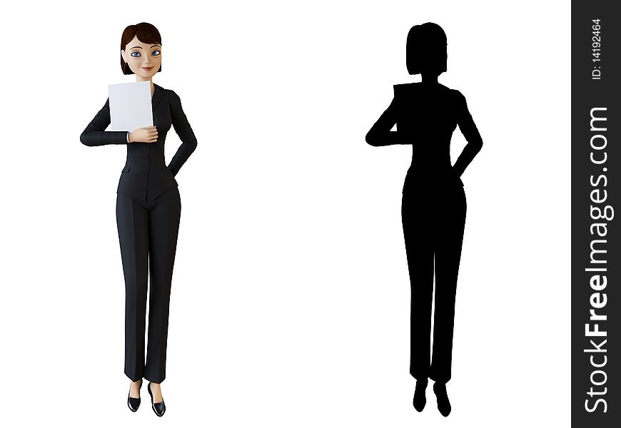 Businesswoman and panel on a white background with alpha mask. Businesswoman and panel on a white background with alpha mask