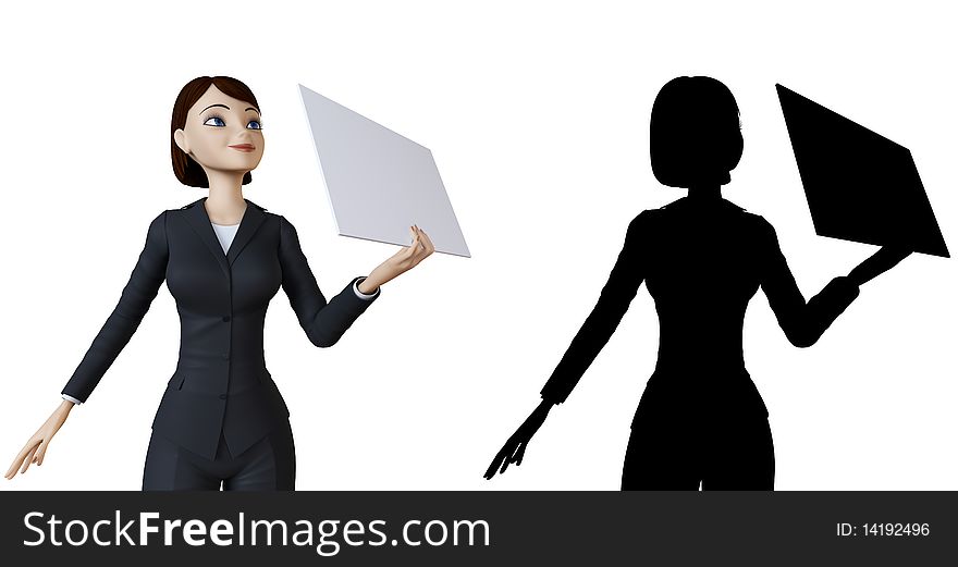 Businesswoman and panel on a white background with alpha mask. Businesswoman and panel on a white background with alpha mask