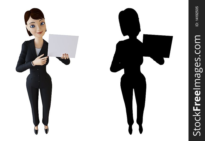 Businesswoman and panel on a white background with alpha mask. Businesswoman and panel on a white background with alpha mask