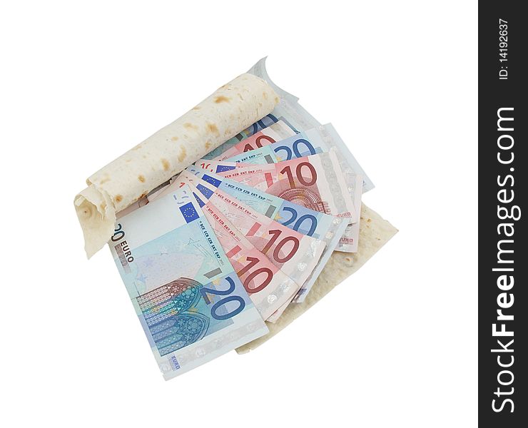 Conceptual photo: lavash and euro banknotes isolated on white background