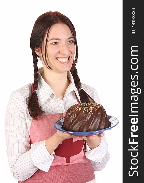 Beautiful housewife showing off bundt cake on white background. Beautiful housewife showing off bundt cake on white background