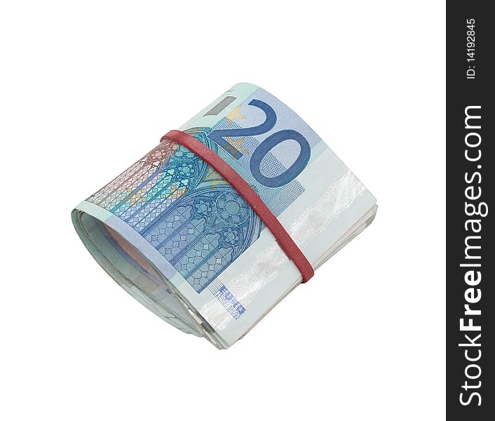 Euro banknotes rolled with a rubber and isolated on a white background