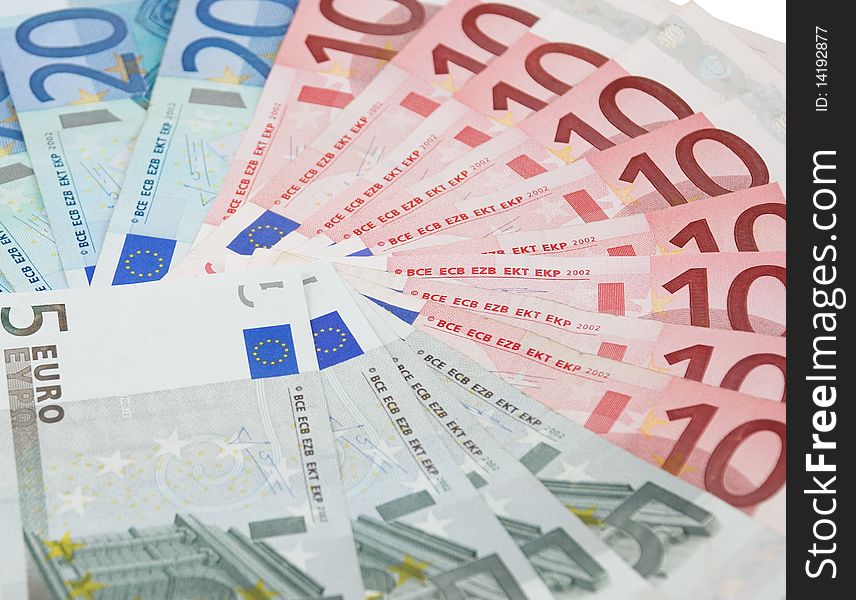 Five, ten and twenty euro banknotes isolated on a white background. Five, ten and twenty euro banknotes isolated on a white background