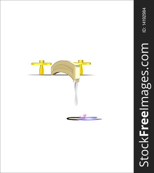 3d bathroom faucet in gold with water stream in 3d on white. 3d bathroom faucet in gold with water stream in 3d on white