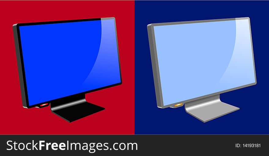 LCD / TFT shiny monitors isolated on red and blue background. LCD / TFT shiny monitors isolated on red and blue background