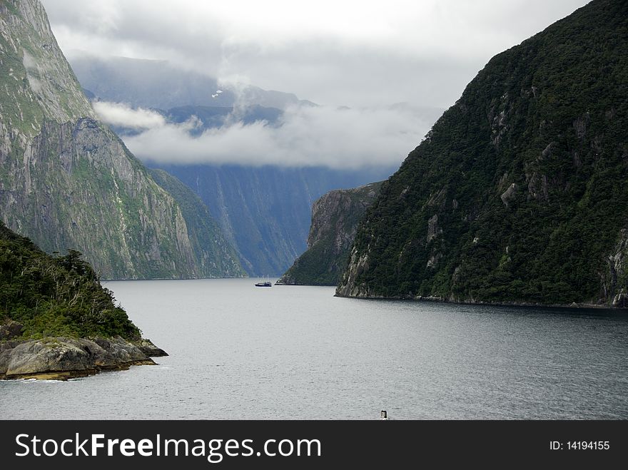 This is the view from a cruise ship of the entrance to Milford Sound, NZ. This is the view from a cruise ship of the entrance to Milford Sound, NZ