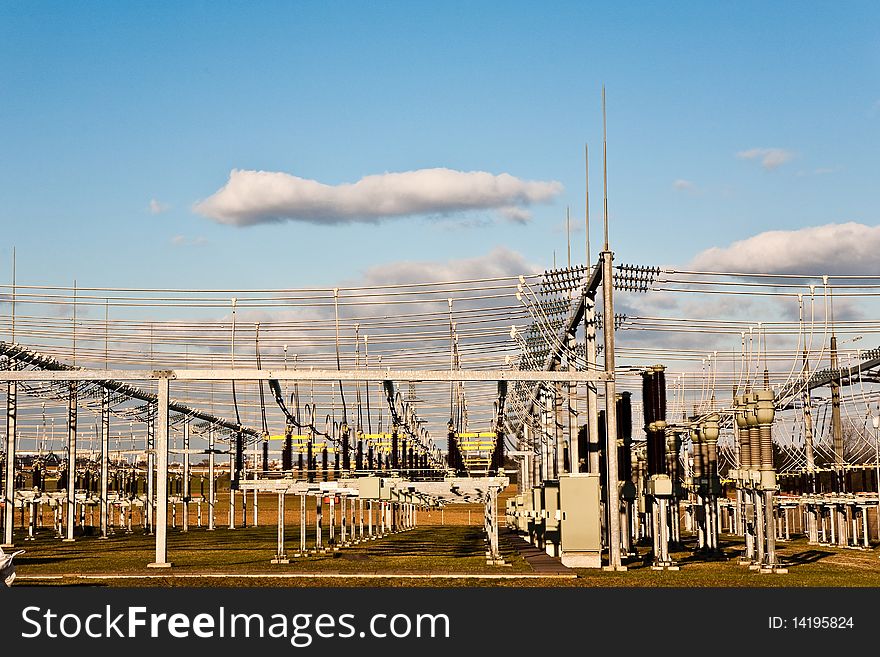 Electricity relay station with high-voltage insulator and power lines. Electricity relay station with high-voltage insulator and power lines