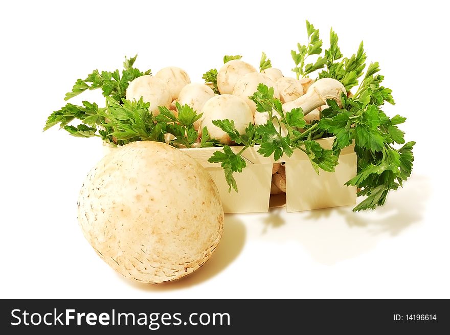Mushrooms in a basket with greens isolated on a white background. Mushrooms in a basket with greens isolated on a white background