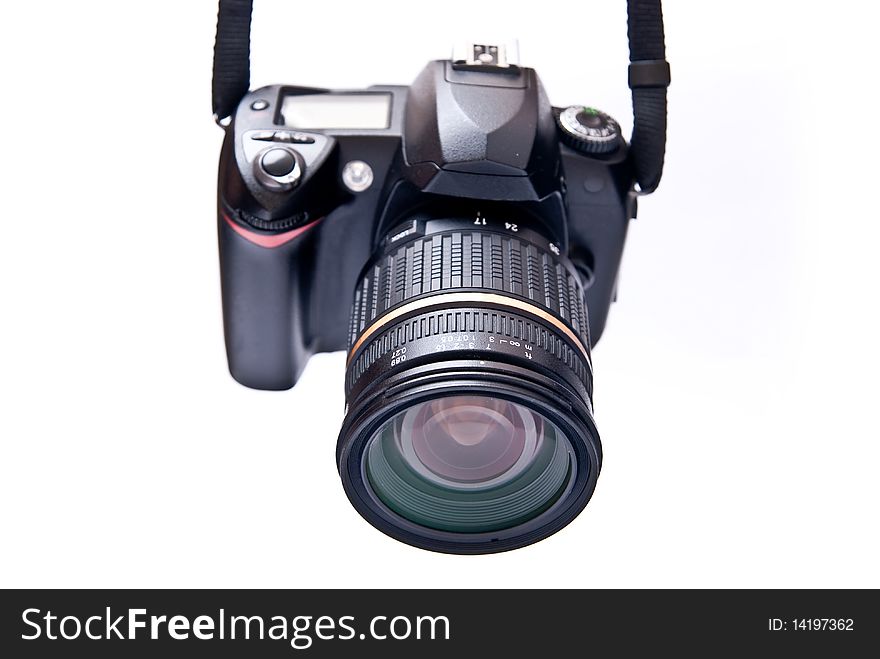 Black digital 35mm camera with lens isolated on white. Black digital 35mm camera with lens isolated on white