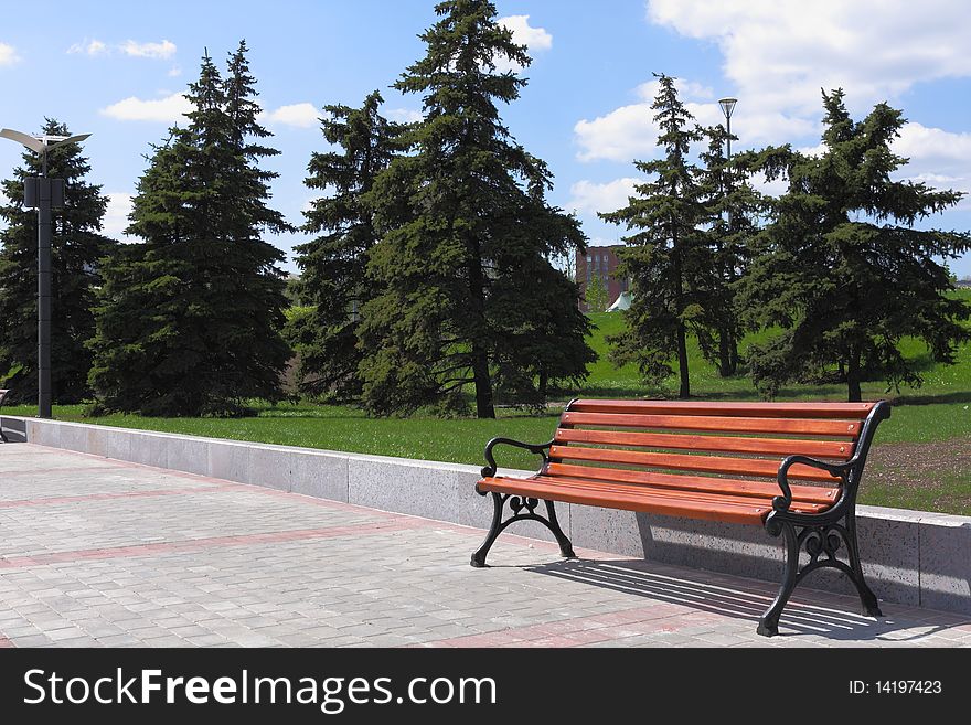 New wooden bench in a city park