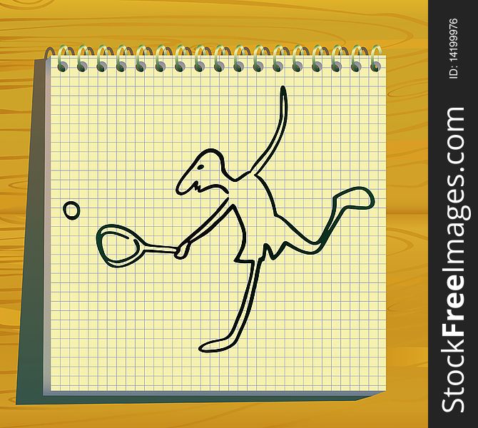 Tennis player doodle silhouette on note-book. Wood ornament is under. Tennis player doodle silhouette on note-book. Wood ornament is under.