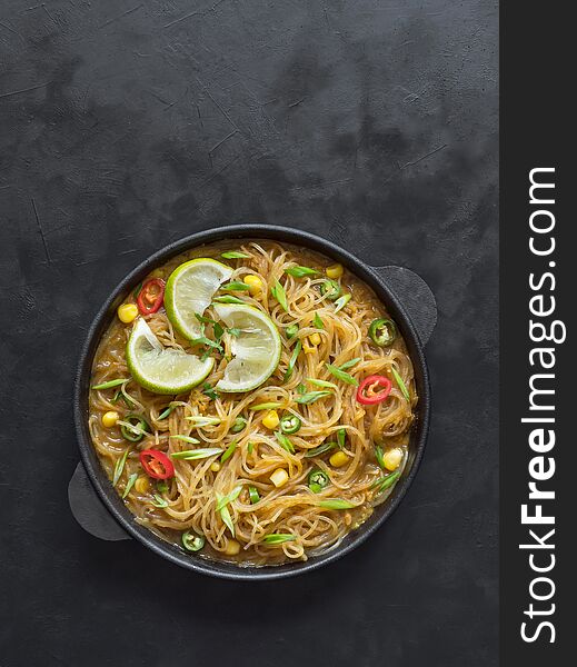 Saucy Coconut Curry With Rice Noodles On A Pan.