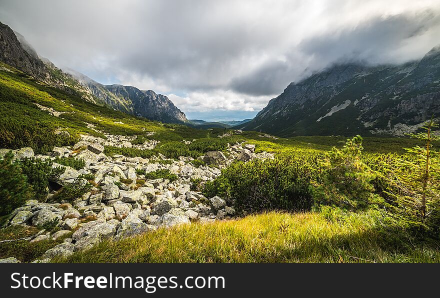 Sunny Mountain Landscape with Clouds. Mengusovska Valley, High Tatras, Slovakia