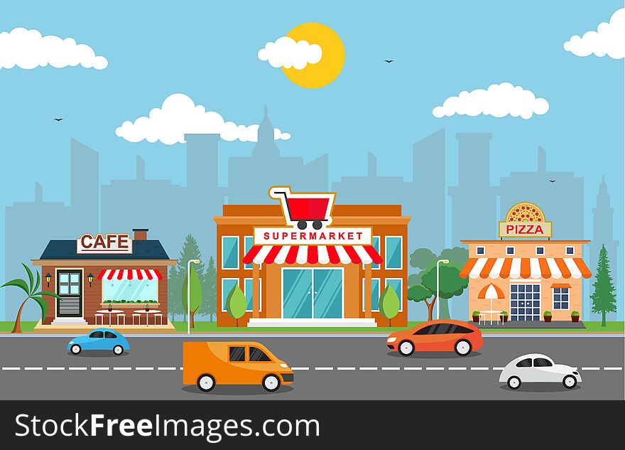 Shop Store Small Business Landscape in Town Urban with Tree Sky Illustration