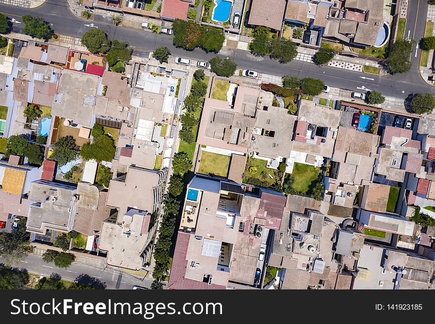 Top View Of House`s Roofs In La Aurora, Miraflores District.