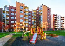 Apartment Residential House Facade Architecture And Kid Playground Stock Photography