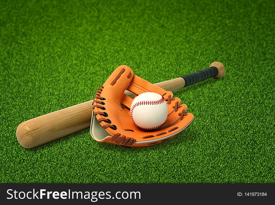 3d rendering of baseball bat, glove and ball on green grass.
