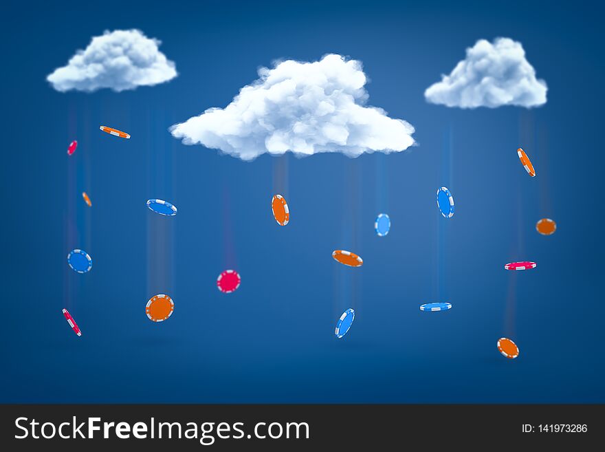 3d rendering of casino chips falling out of white clouds on blue background