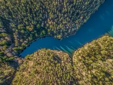 Aerial View Of Drone, Artificial Lake And Dense Forest On The Banks Stock Photography